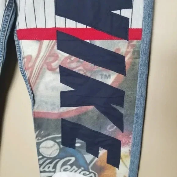 Levi's Low Rise Straight Patchwork Yankees Baseball Nike White Red NY 34 - Picture 12 of 13